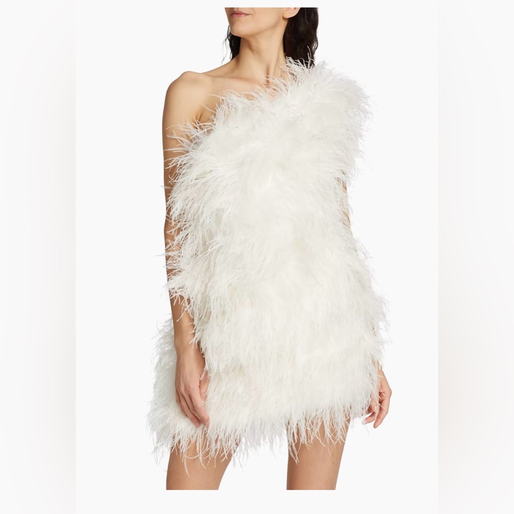The Bar White One-Shoulder Feather Mini Dress